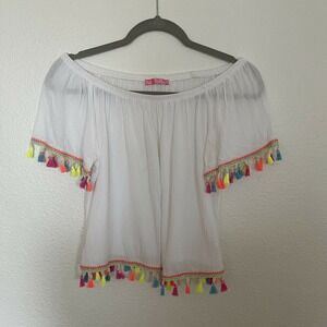 Social Teen Junior's Women White Off Shoulder Neon Tassel Crop Top Large